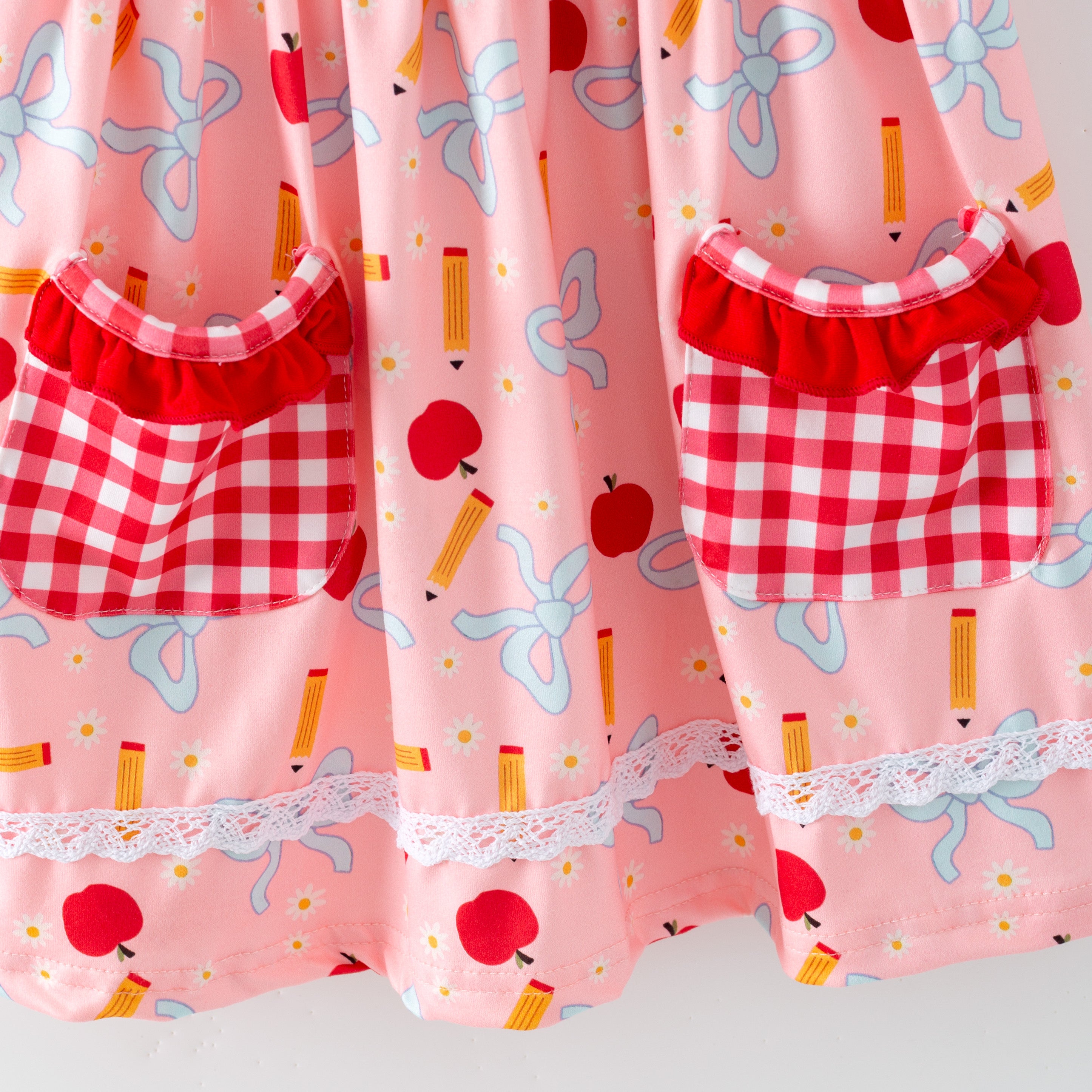 (In Stock)Girls Back To School Apple&Pencil Print Dress with Pockets