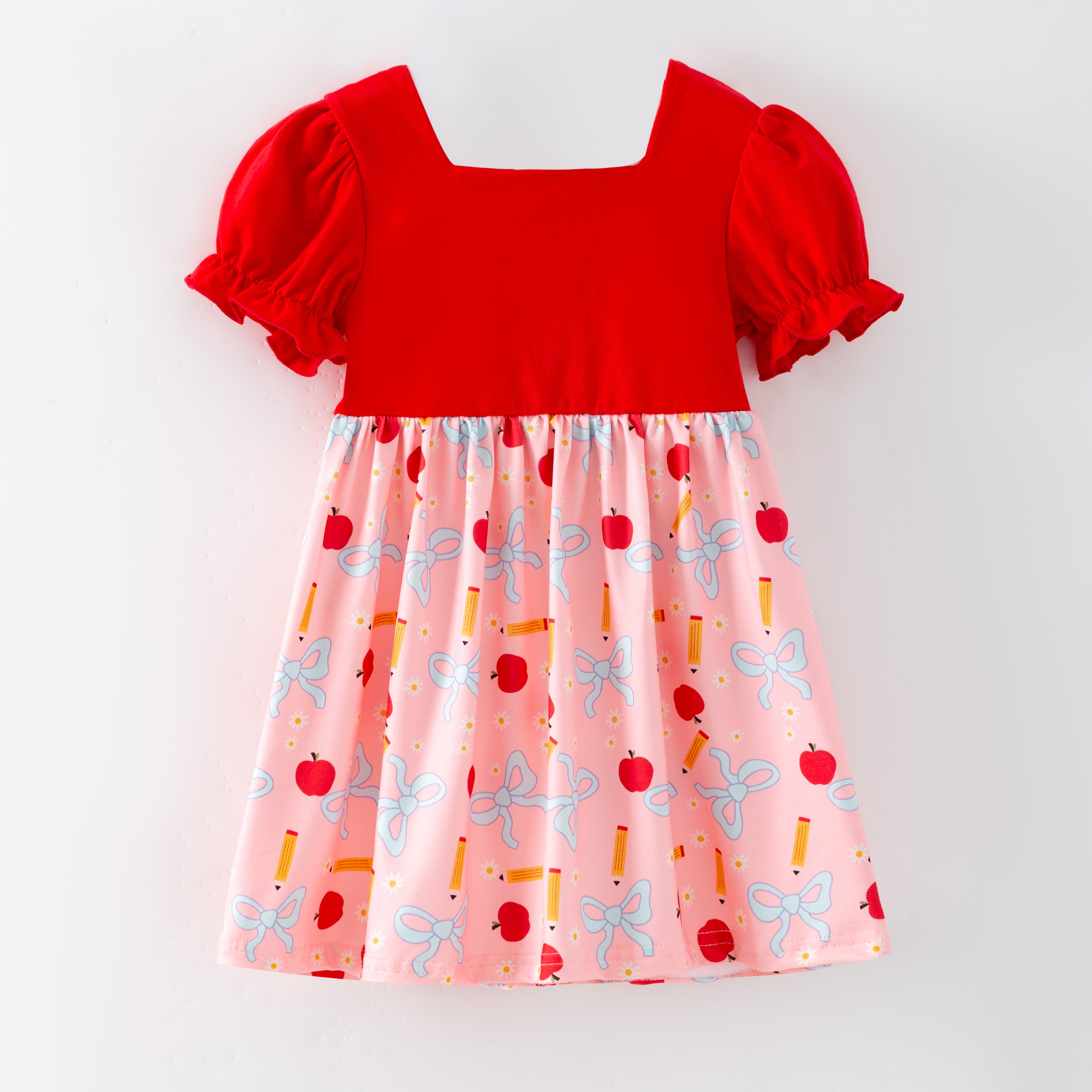 (In Stock)Girls Back To School Apple&Pencil Print Dress with Pockets