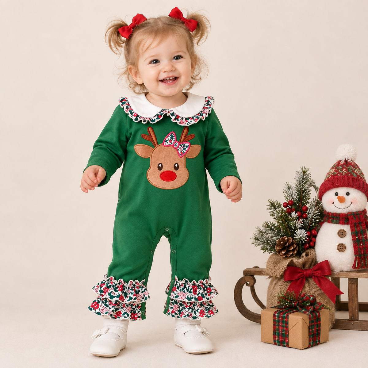 (In Stock)Toddler Girls Christmas Elk Applique Cotton Romper