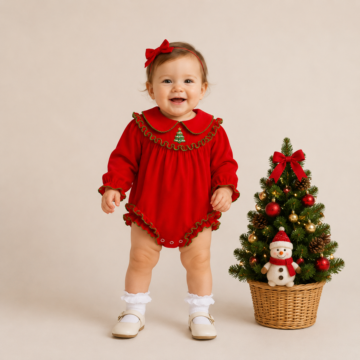 (In Stock)Toddler Girls Christmas Tree Embroidery Cotton Romper