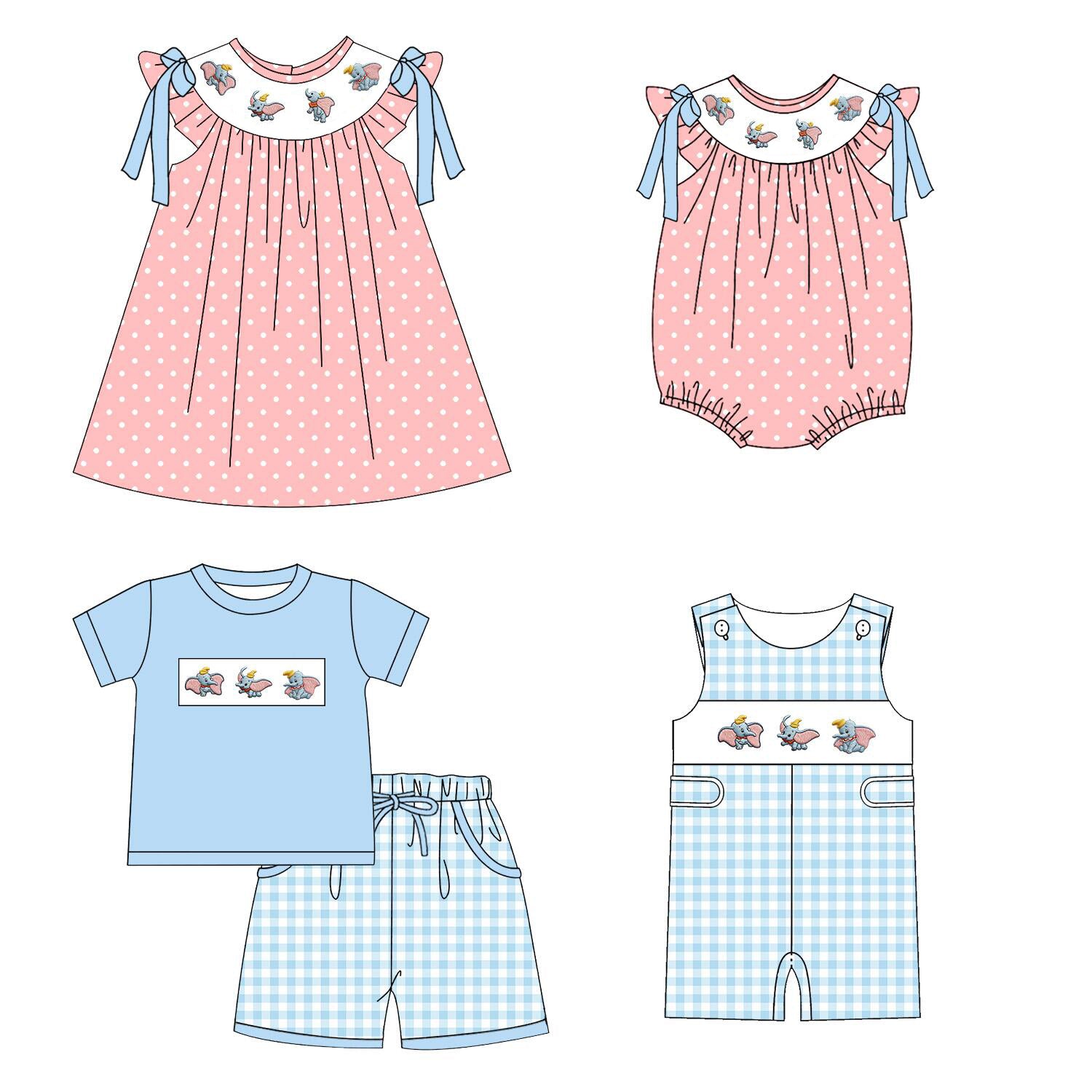 (Pre Order)Siblings Spring&Summer Cartoon Elephant Embroidery Smocked Dress,Set&Romper