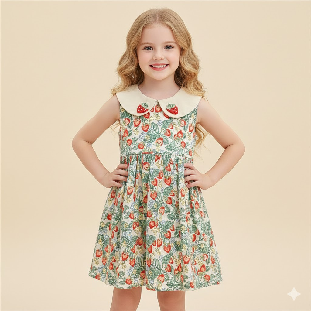 (In Production)Girls Spring&Summer Strawberry Doll Collar Dress