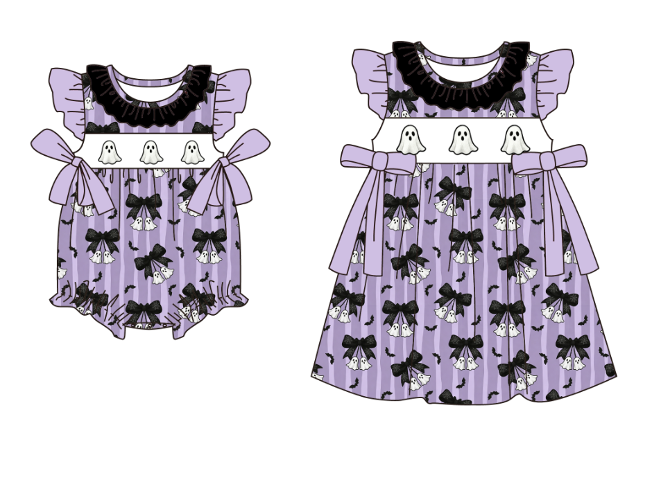 (Pre Order)Girls Halloween Ghost Embroidery Smocked Dress&Romper-Customized name