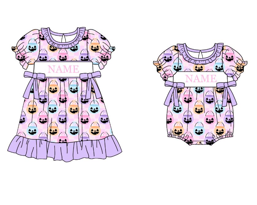 (Pre Order)Girls Halloween Pumpkin Embroidery Smocked Dress&Romper-Customized name