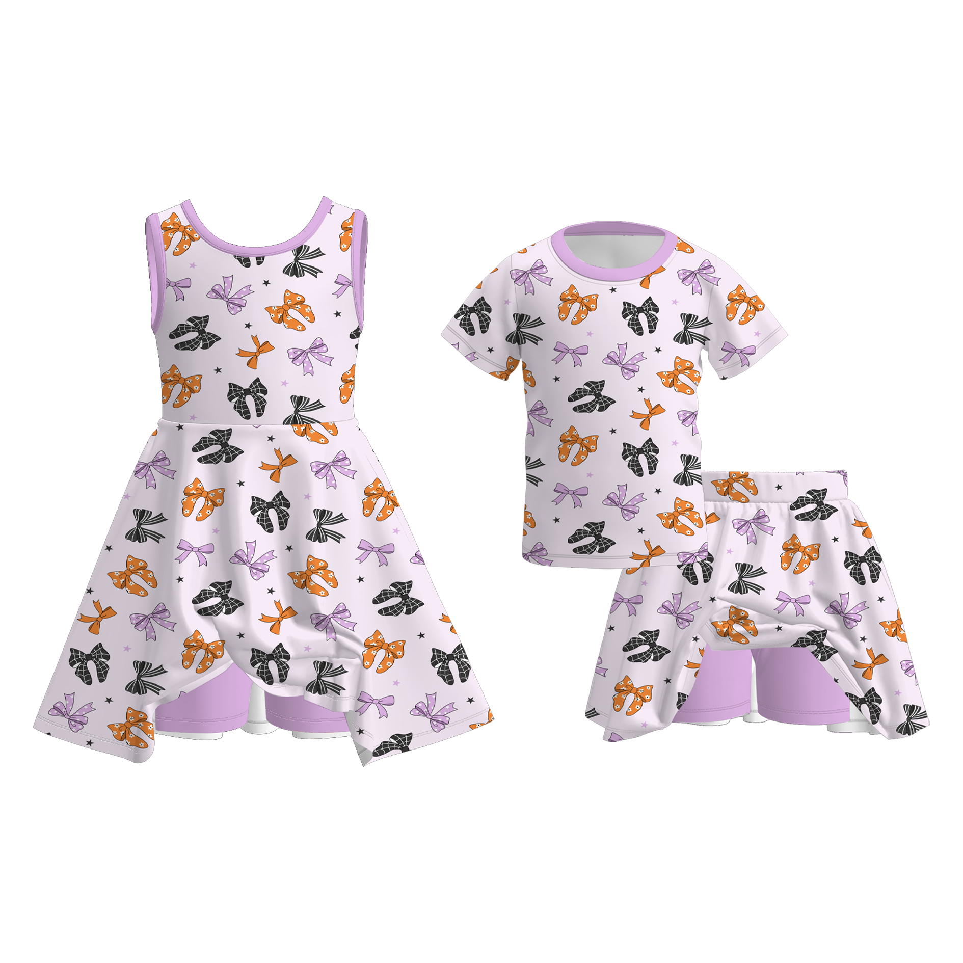 (Pre Order)Girls Halloween Bow Print Skort Dress&Set