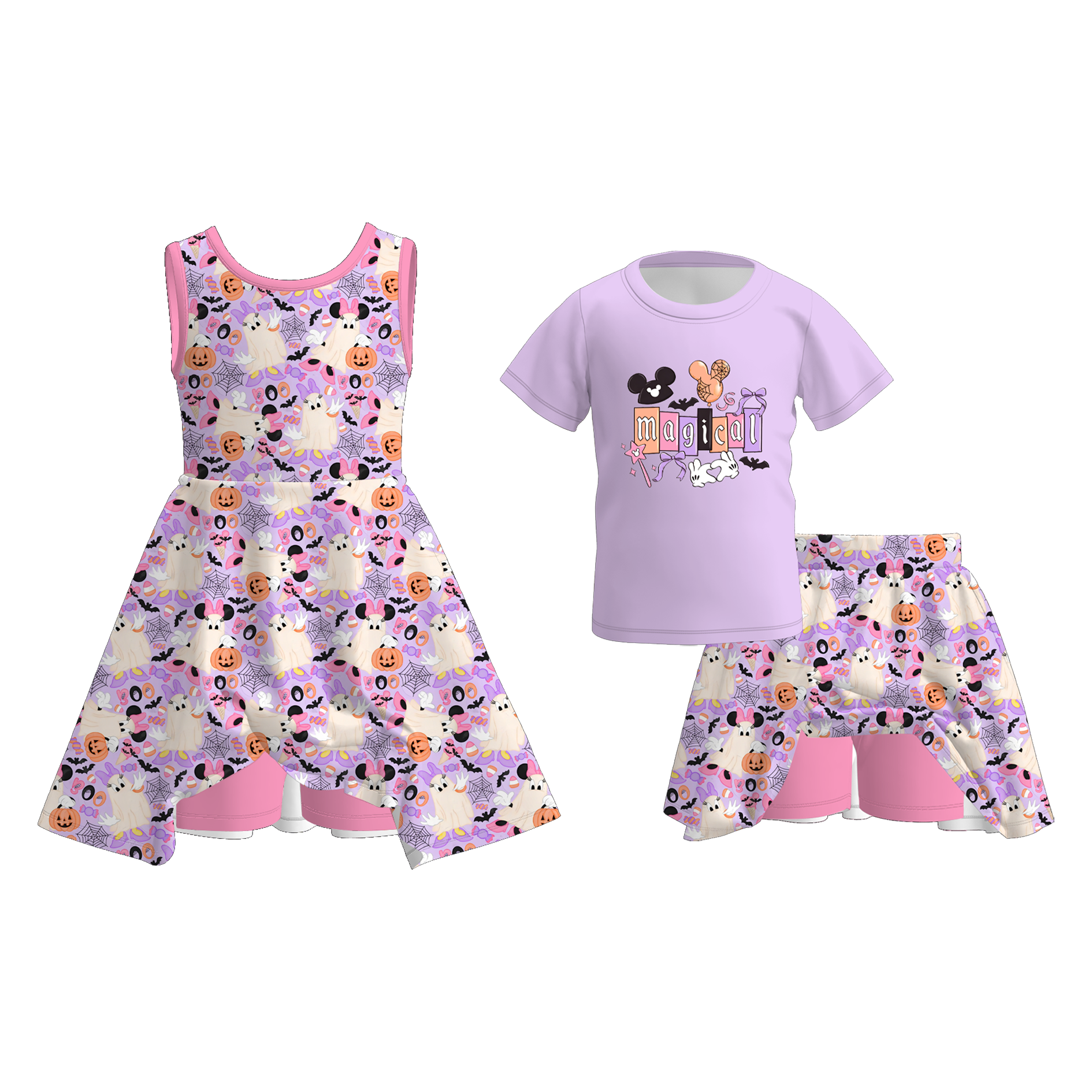 (Weekly Pre-Order)Girls Halloween Print Skort Dress&Set