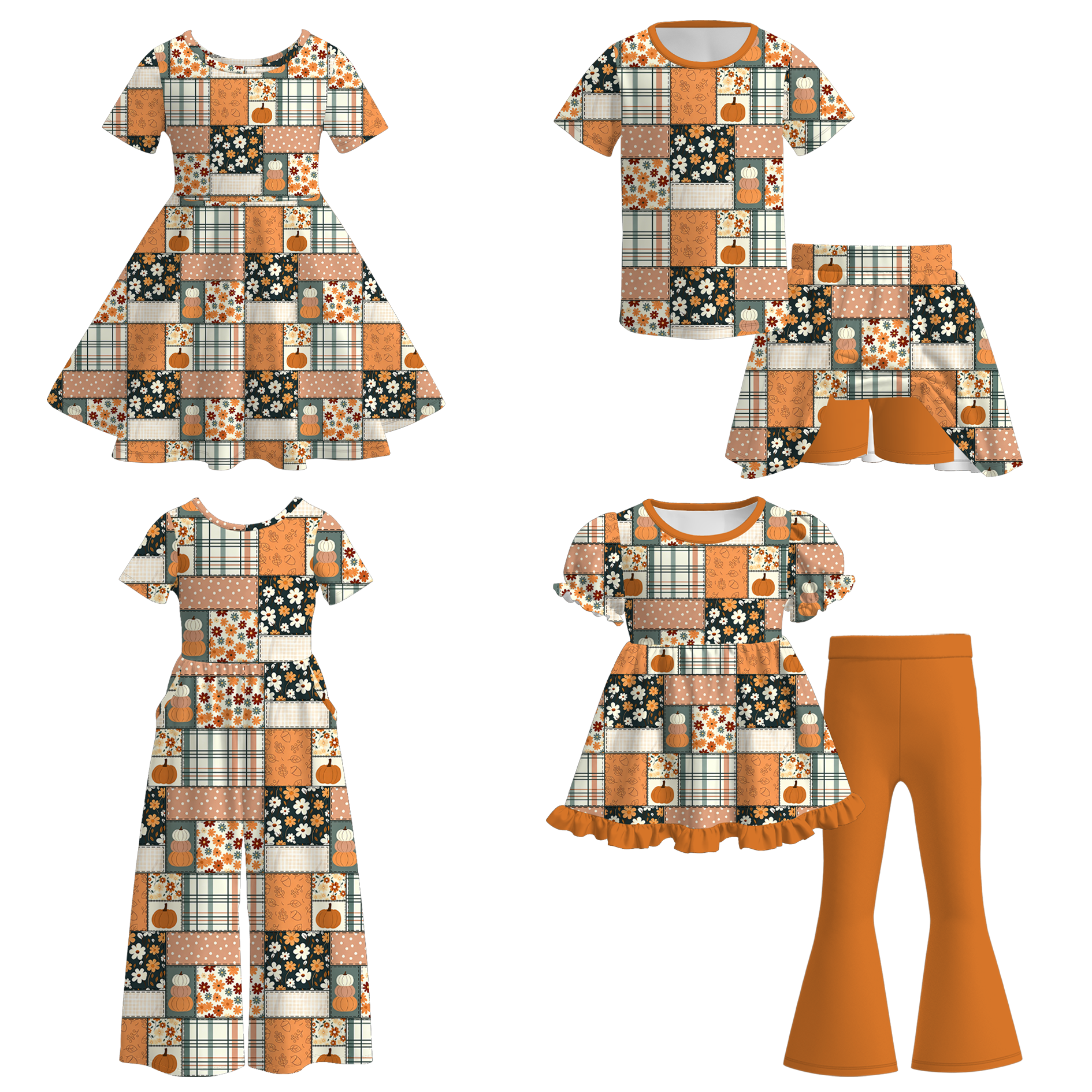 (Pre Order)Girls Fall Pumpkin Print Dress,Set&Jumpsuit