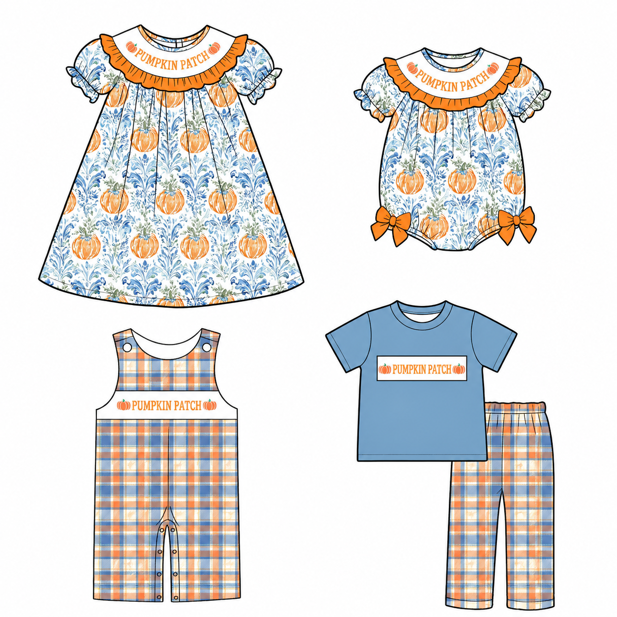 (Pre Order)Siblings Pumpkin Embroidery Smocked Dress,Set&Romper