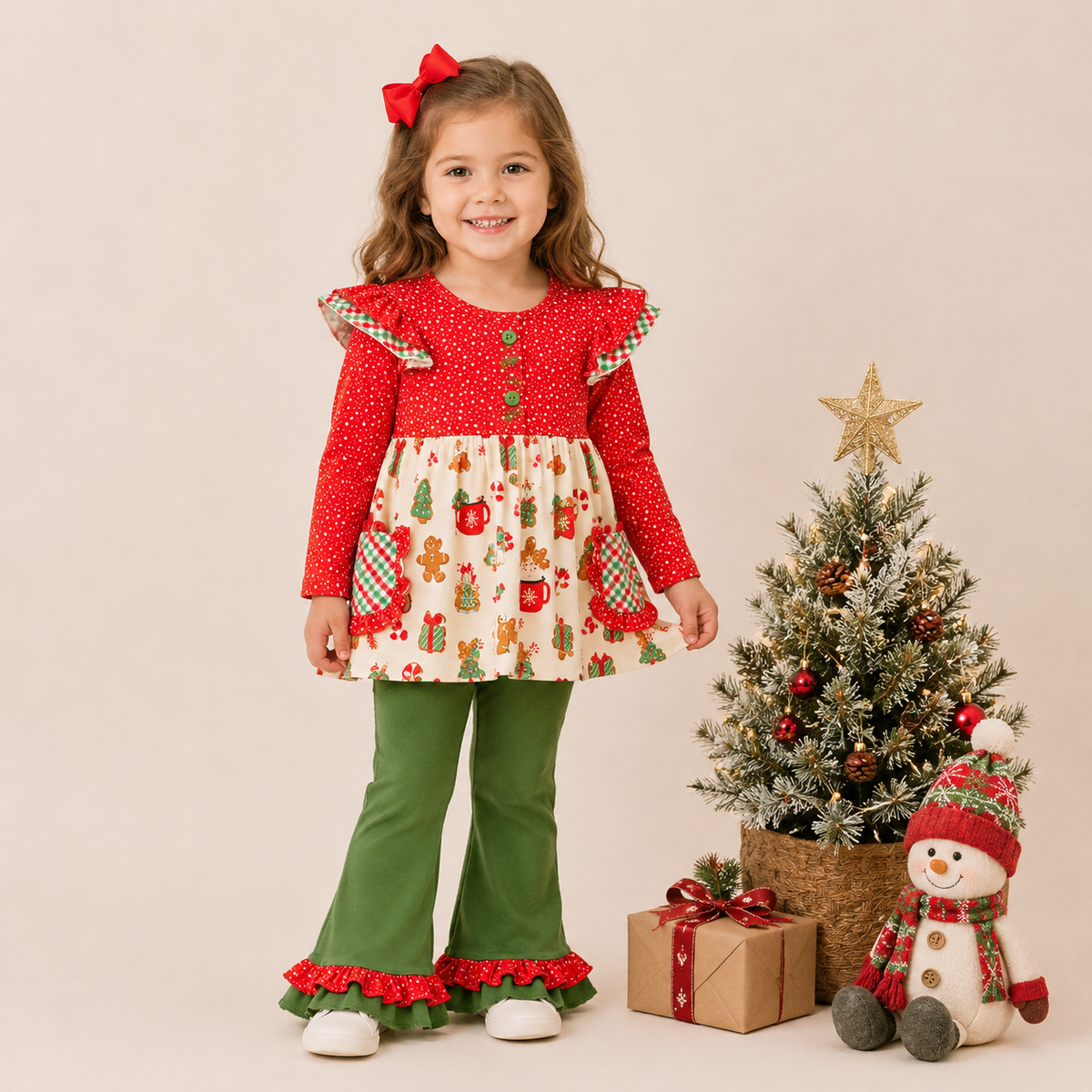 (In Stock)Girls Christmas Print Outfit Set