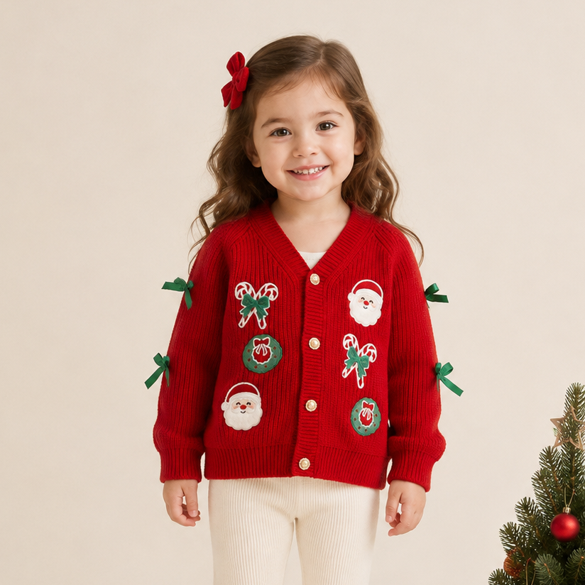 (In Stock)Girls Christmas Applique Red Cardigan Jacket