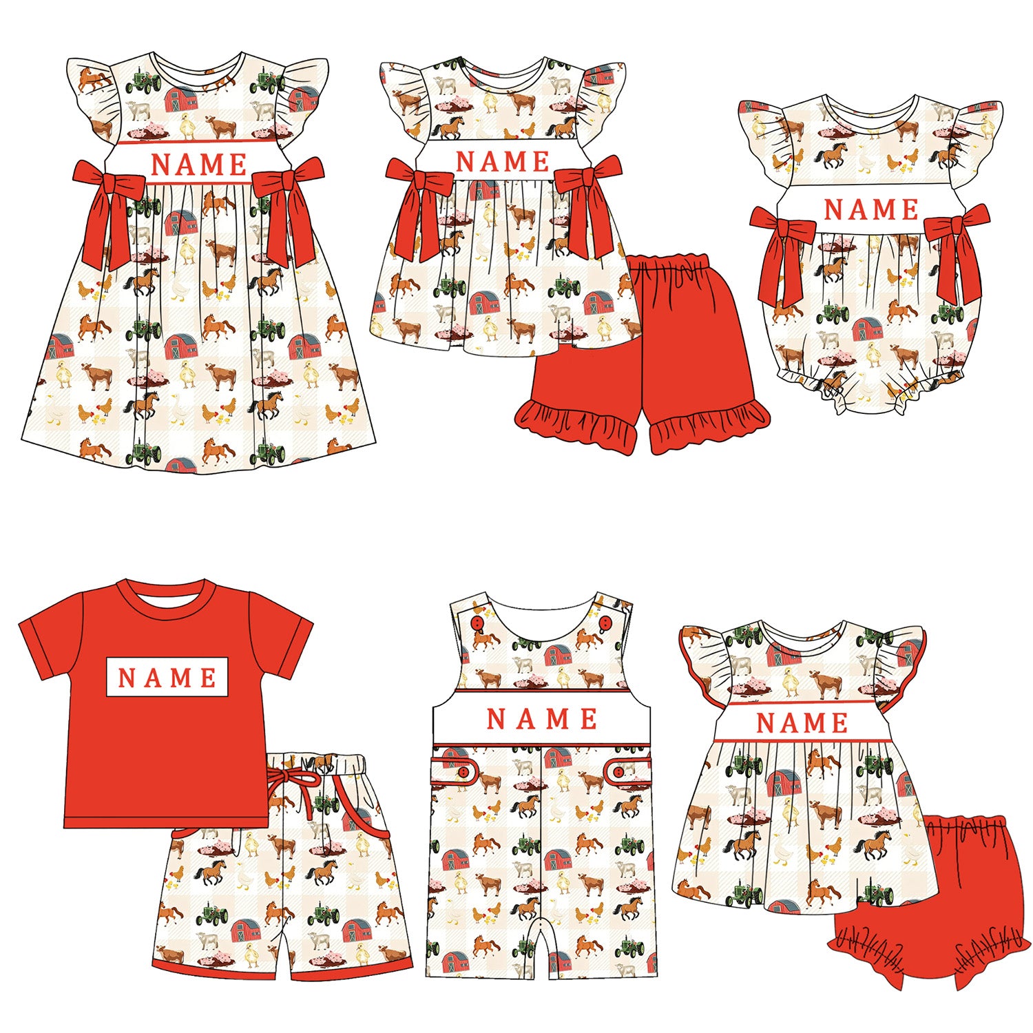 (Pre Order)Siblings Spring&Summer Farm Embroidery Smocked Dress,Set&Romper-Customized name