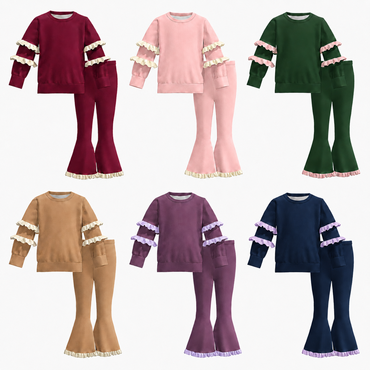 (Weekly Pre-Order)Girls Solid Color Ruffle Sweatshirt Suit(Ends 8.23)