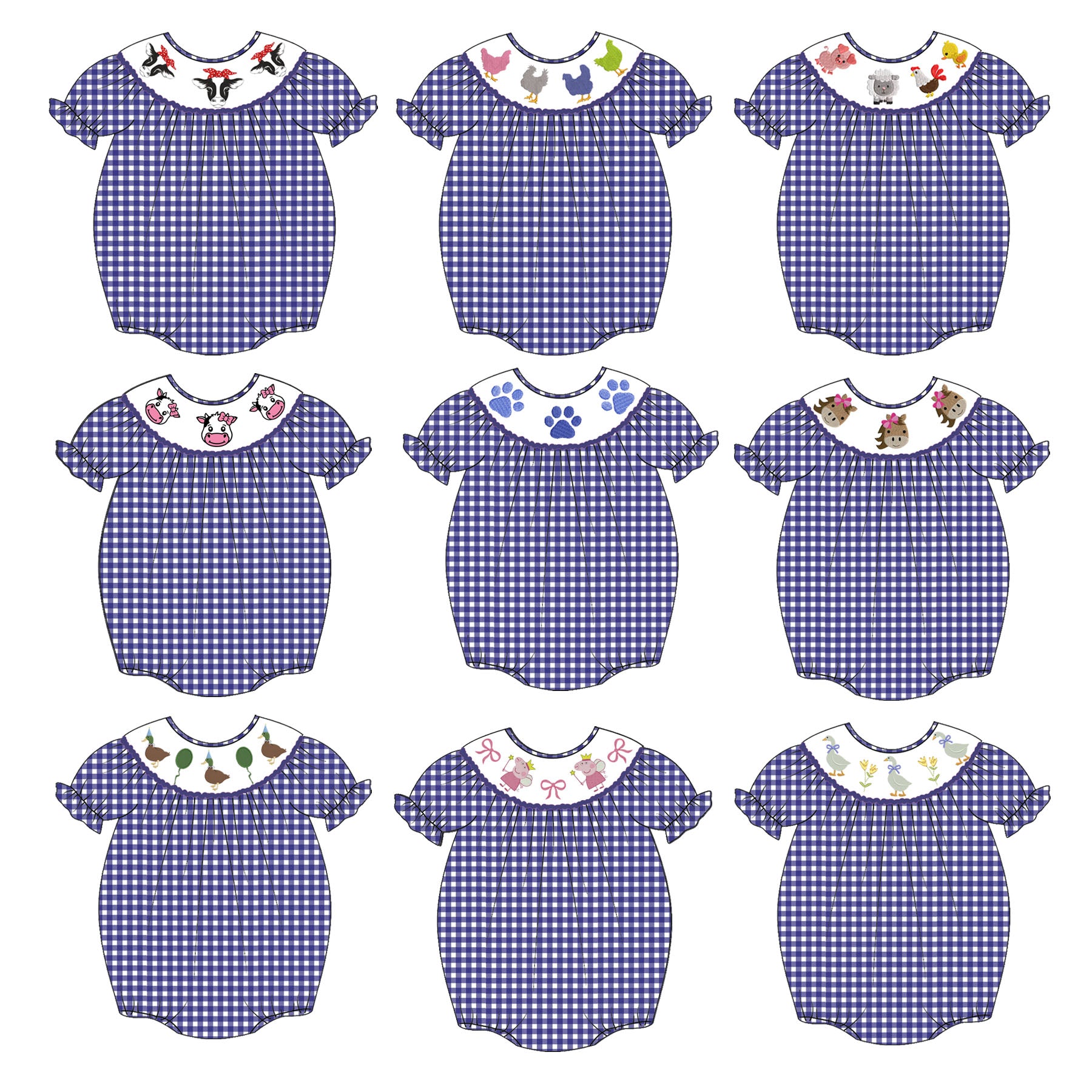 (Pre Order)Baby Girls Farmer Embroidery Bubbles Smocked Romper