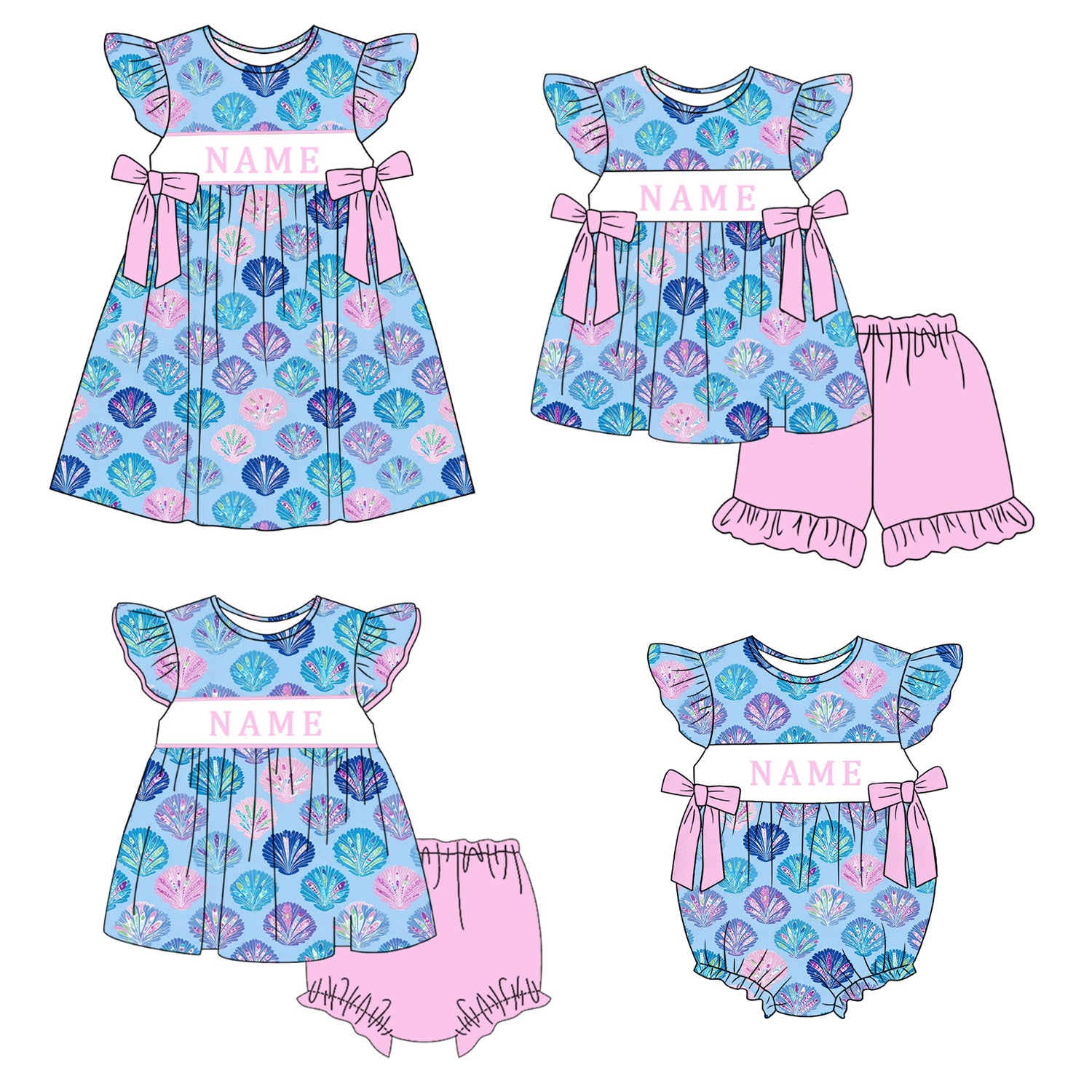 (Pre Order)Sisters Spring&Summer Seashell Embroidery Smocked Dress,Set&Romper-Customized name