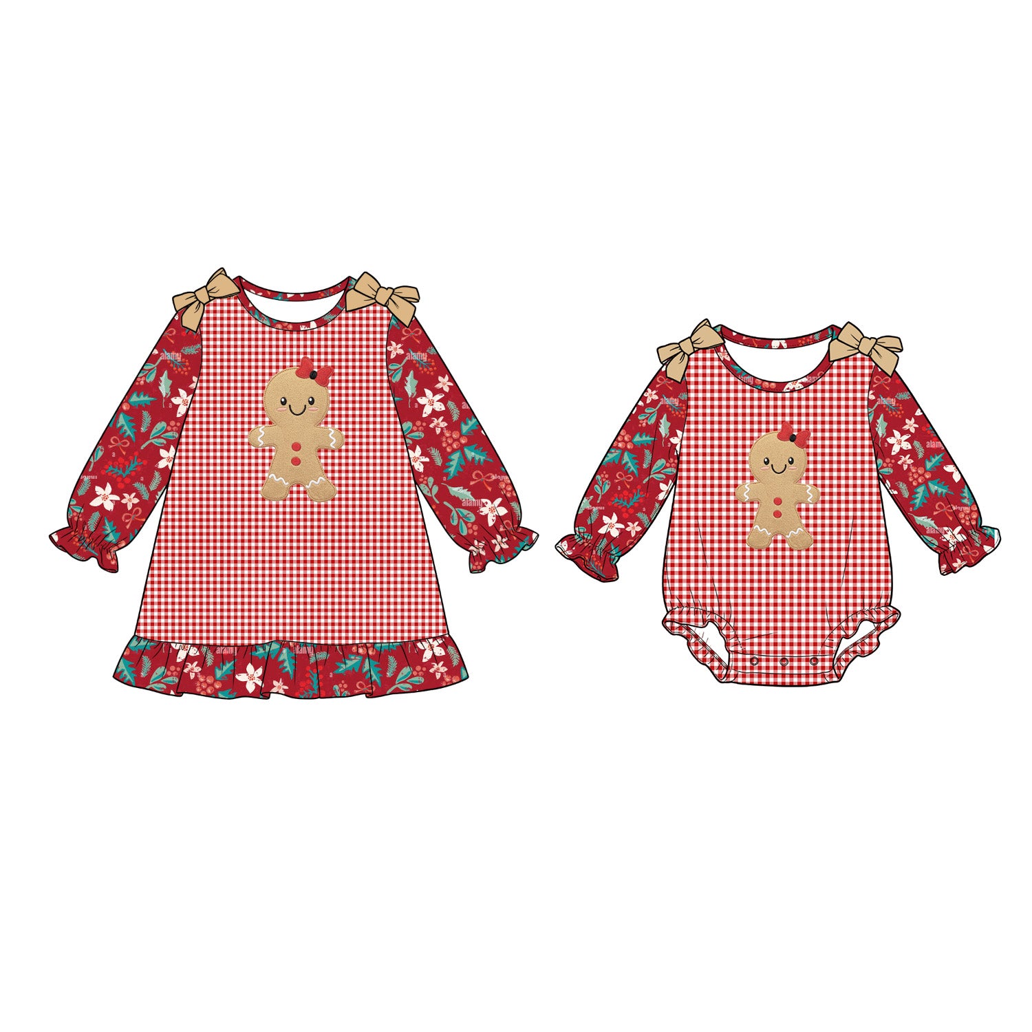 (Pre Order)Girls Christmas Gingerbread Applique Dress&Romper
