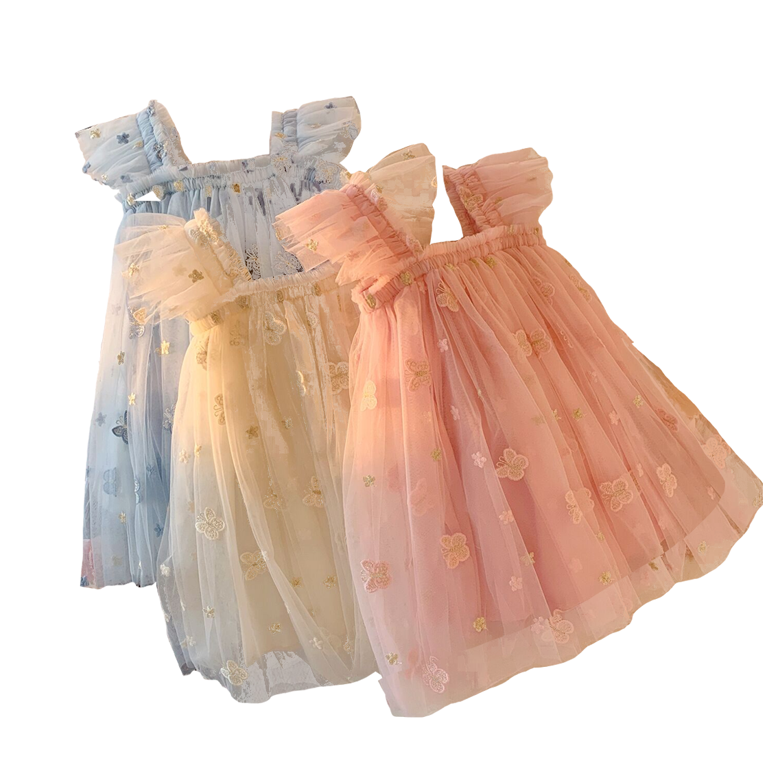 (In Production)Girls Summer Butterfly Embroidery Tulle Puff Sleeve Dress