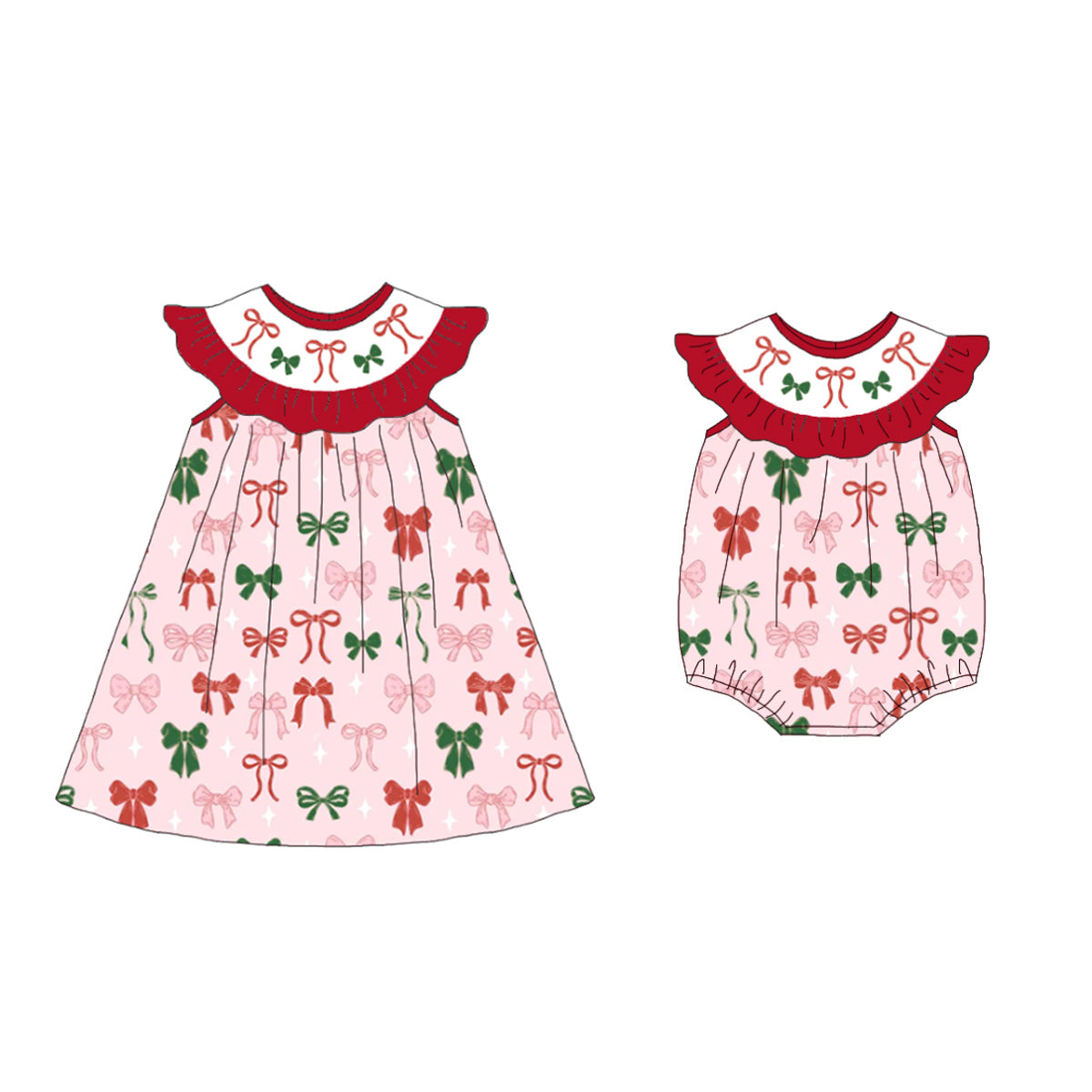(Pre Order)Sisters Christmas Bow Embroidery Smocked Dress&Romper