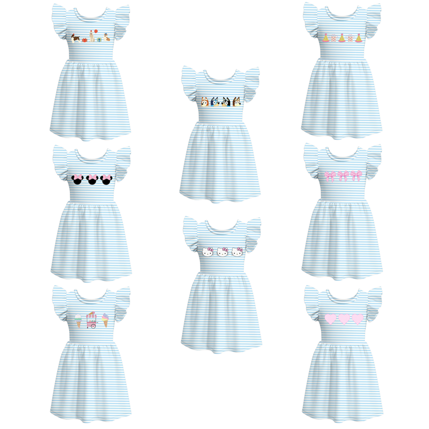 (Pre Order)Girls Blue Stripe Embroidery Dress