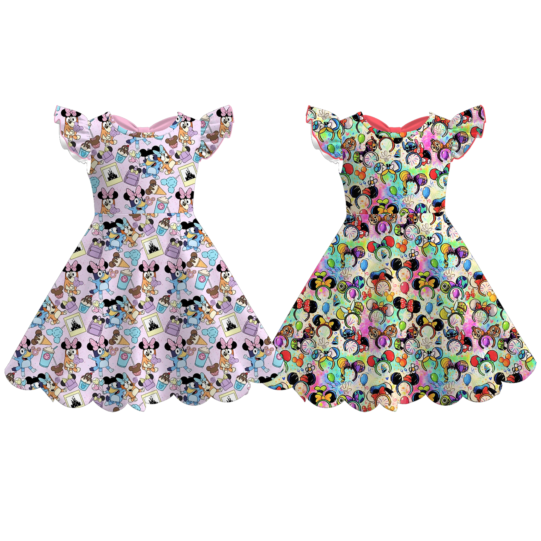 (Pre Order+Prepack Zone)Girls Summer Cartoon Print Scallop Dress