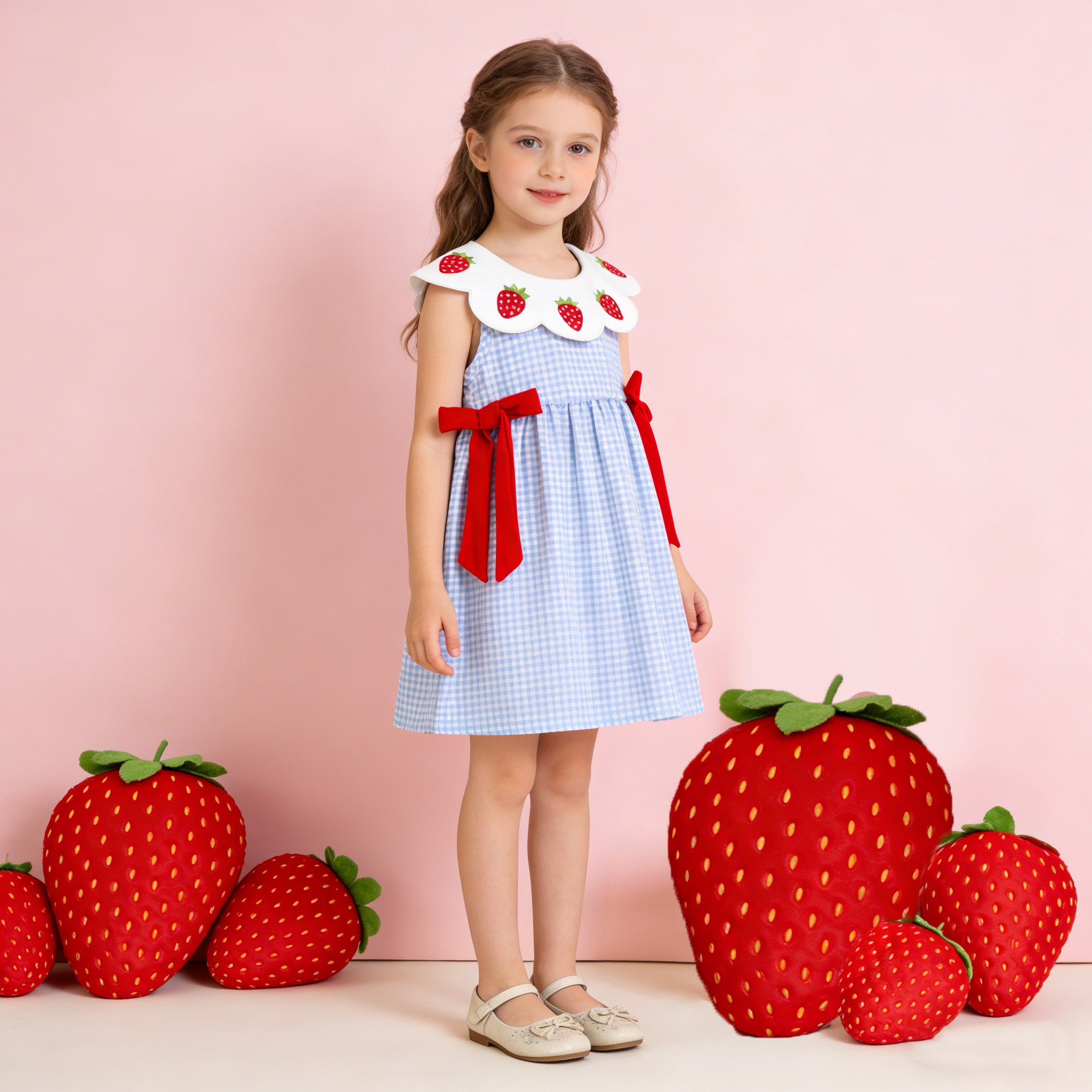 (In Stock)Girls Spring&Summer Strawberry Embroidery Doll Collar Dress&Bloomer Set