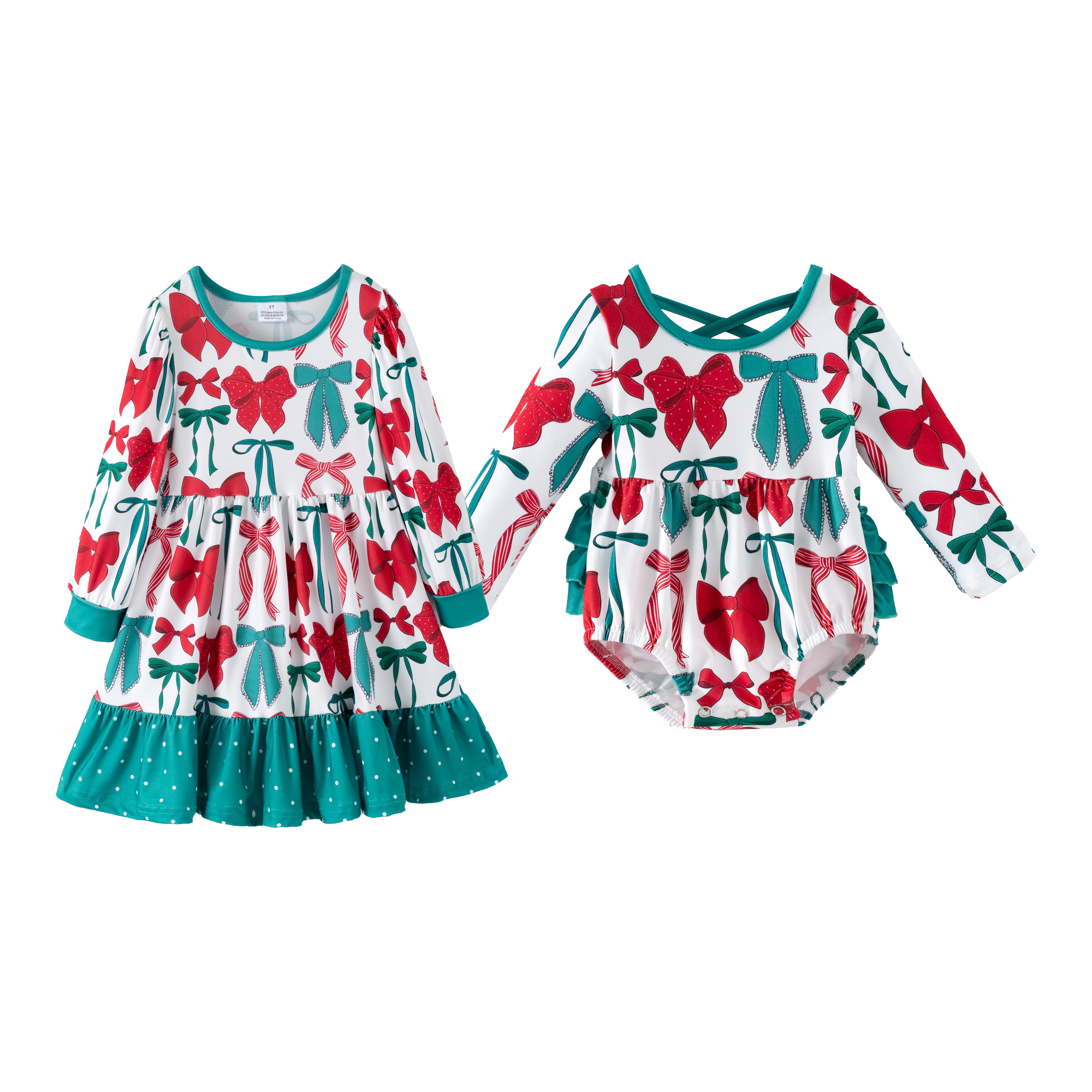 (Pre Order,Prepack Zone)Girls Christmas Bow Print Dress&Romper