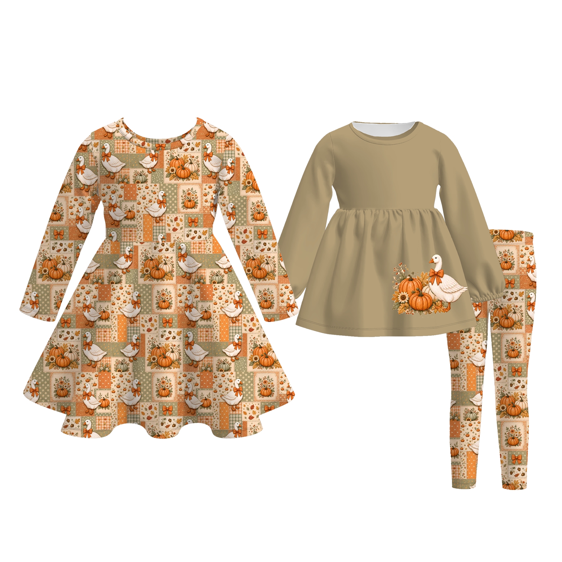(Pre Order)Girls Fall Goose Print Dress&Outfit Set