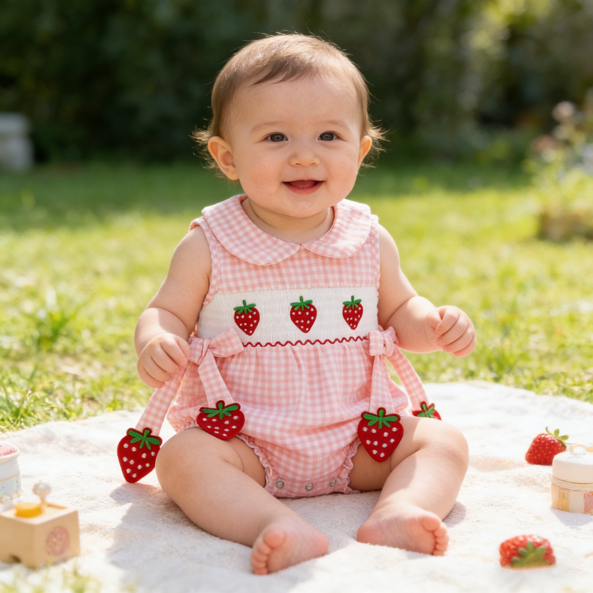 (In Stock)Girls Spring&Summer Strawberry Embroidery Smocked Set&Romper