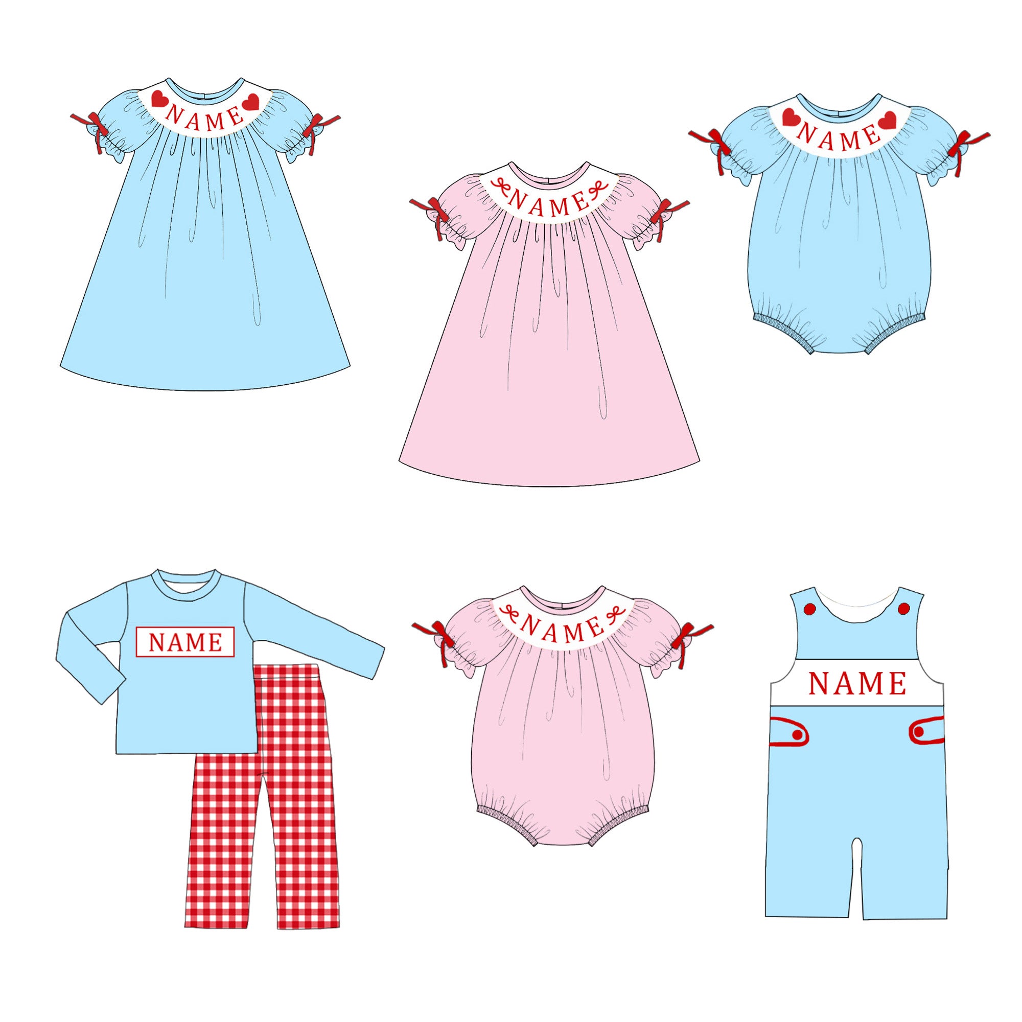 (Pre Order)Siblings Valentine's Day Embroidery Smocked Dress,Set&Romper