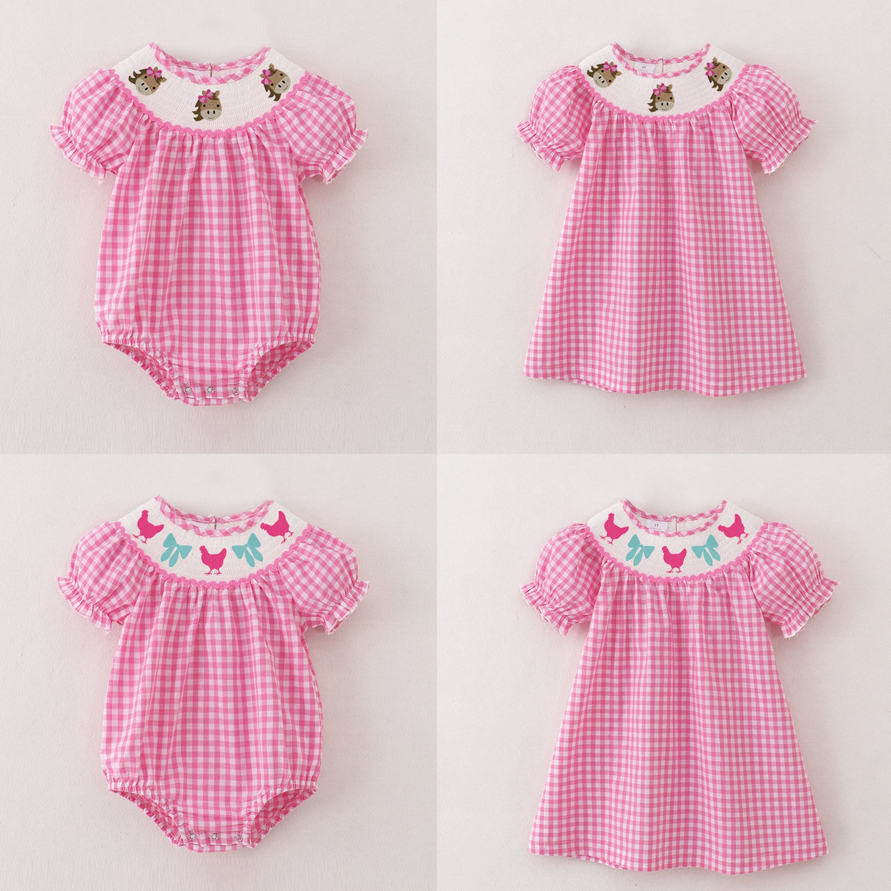 (Pre Order)Sisters Spring and Summer Horse&Chick Embroidery Smocked Dress and Romper