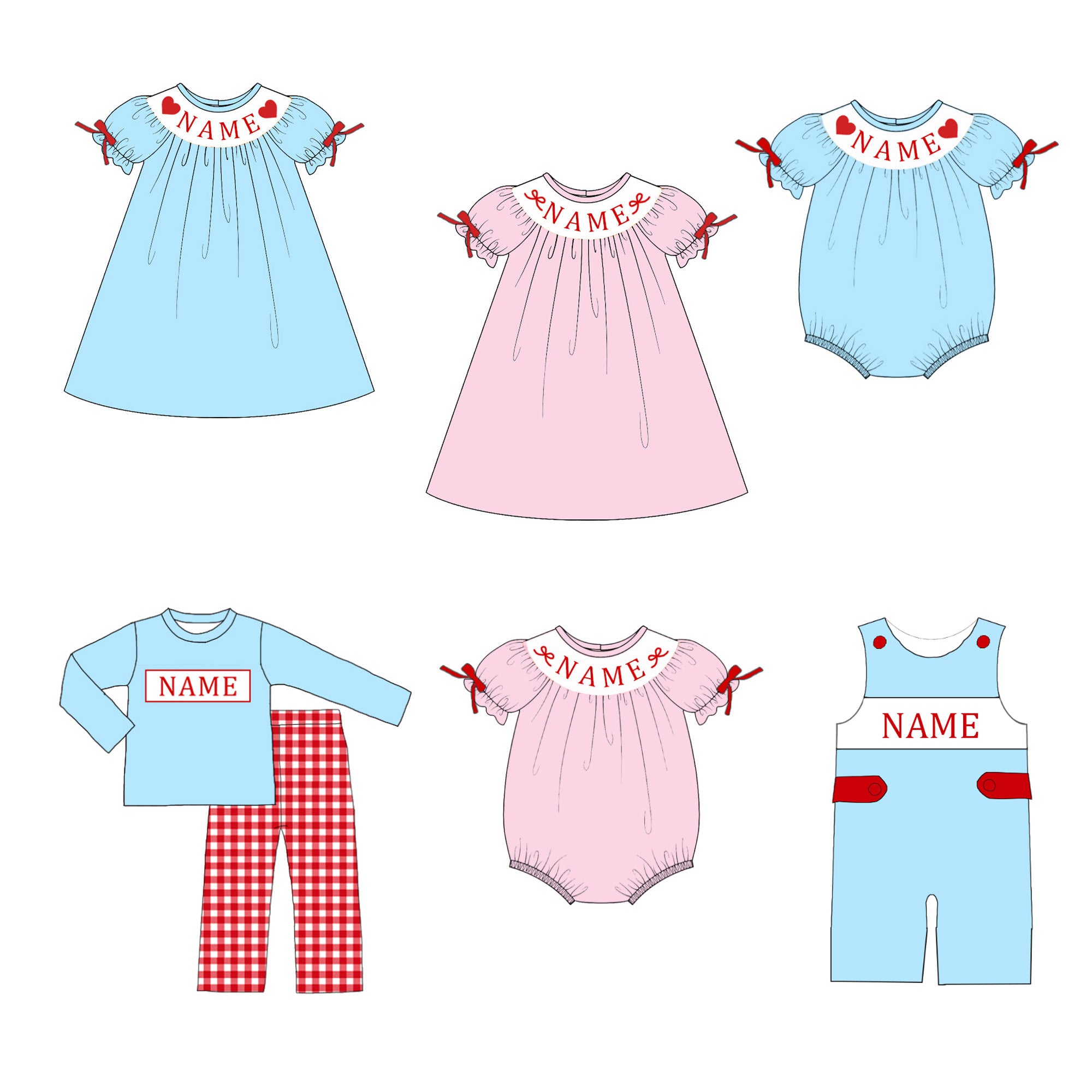 (Pre Order)Siblings Valentine's Day Embroidery Smocked Dress,Set&Romper