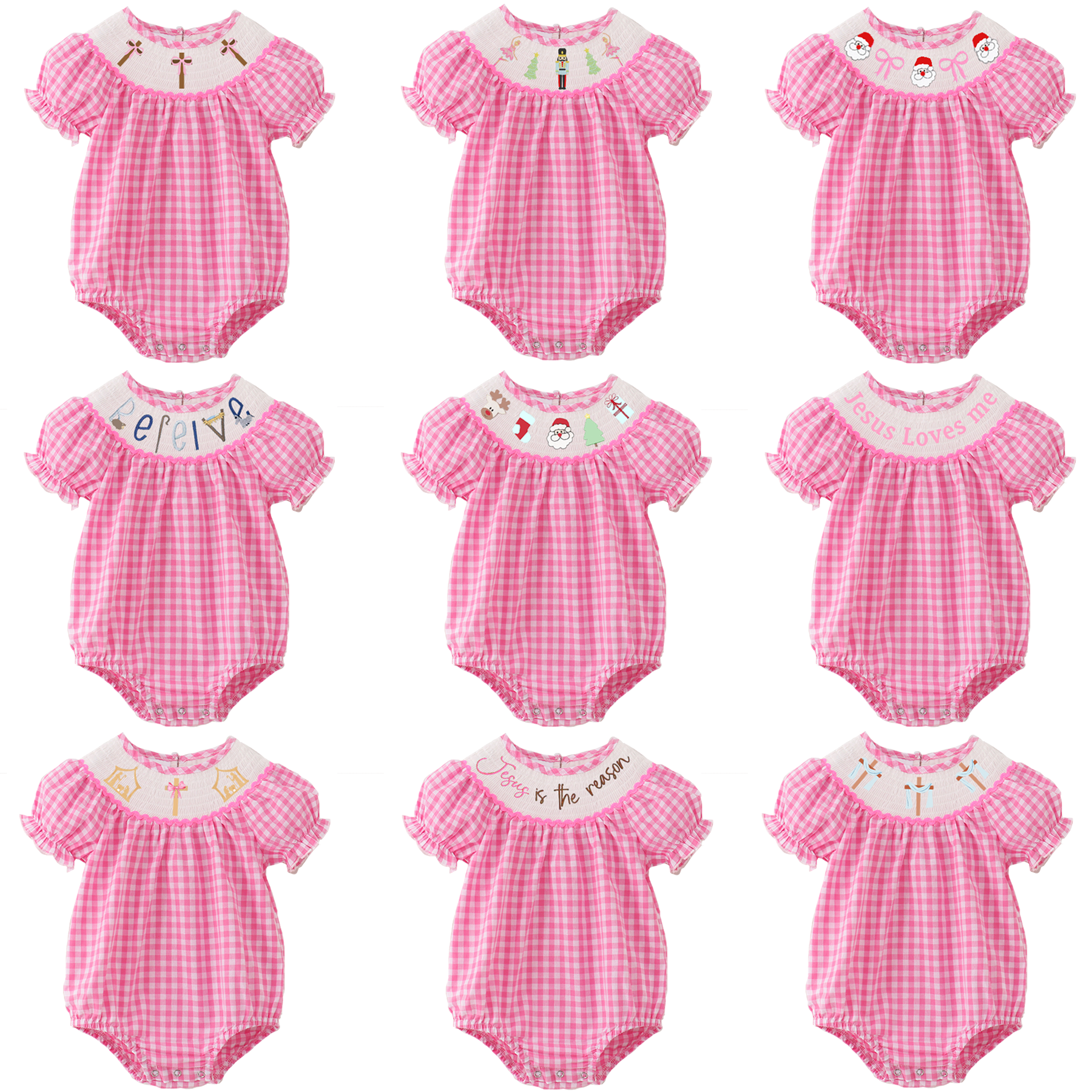 (Pre Order)Baby Girls Pink Plaid Christmas Embroidery Smocked Romper