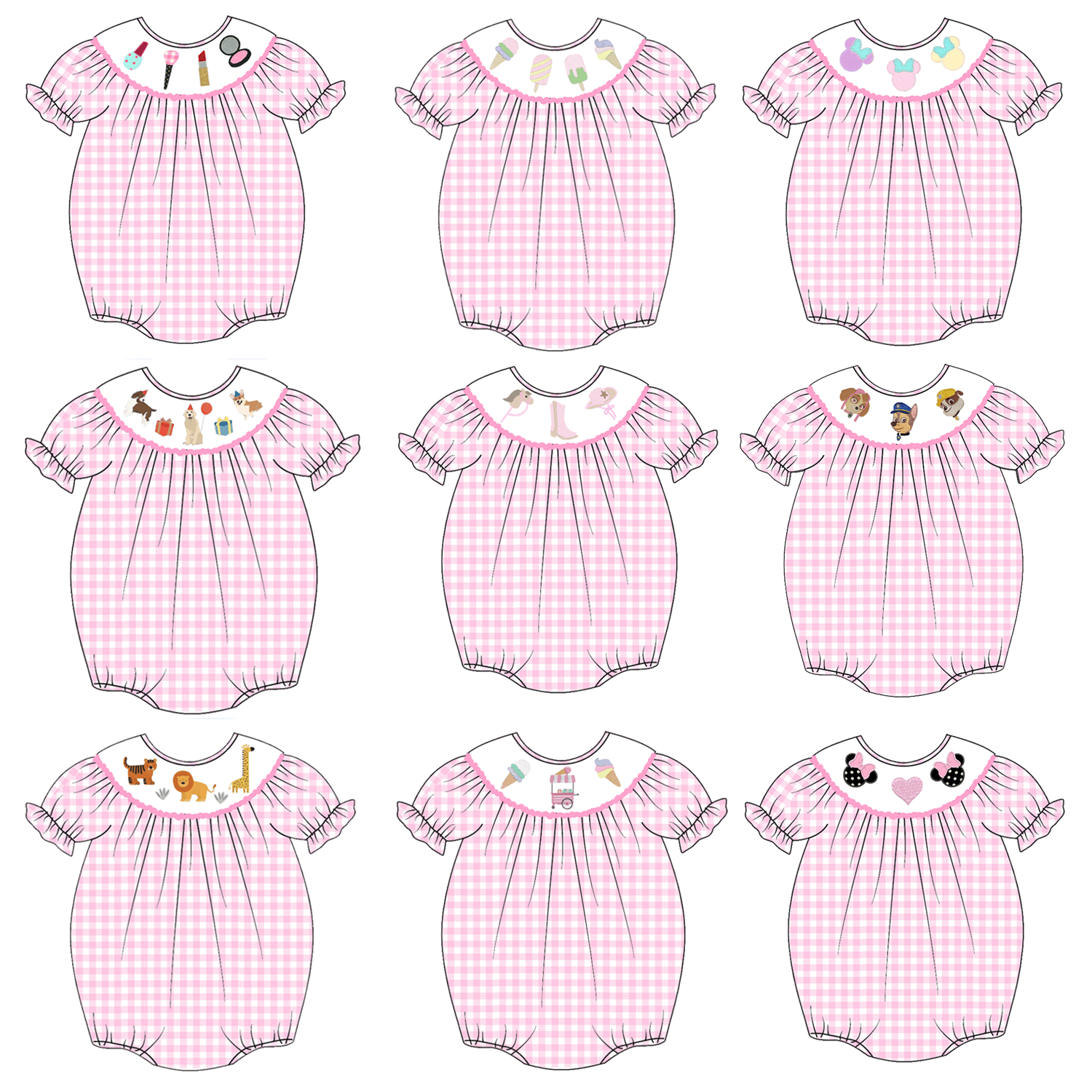 (Pre Order)Baby Girls Pink Plaid Embroidery Bubbles Smocked Romper
