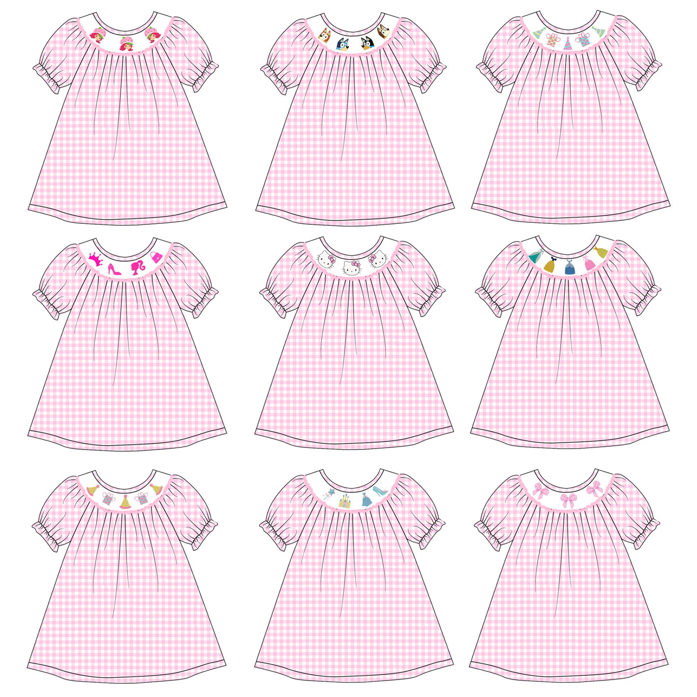 (Pre Order)Girls Pink Plaid Embroidery Bubbles Smocked Dress