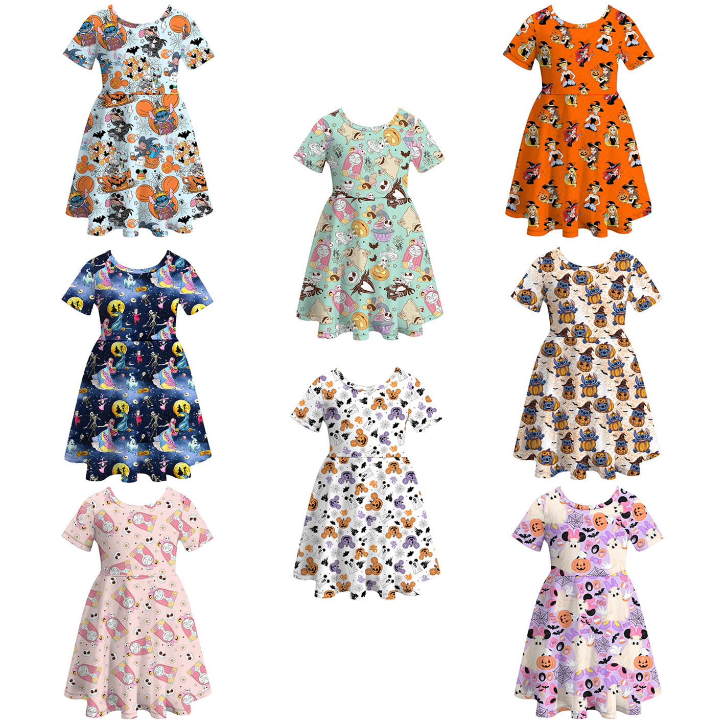 (Pre Order)Girls Halloween Cartoon Print Twirl Dress