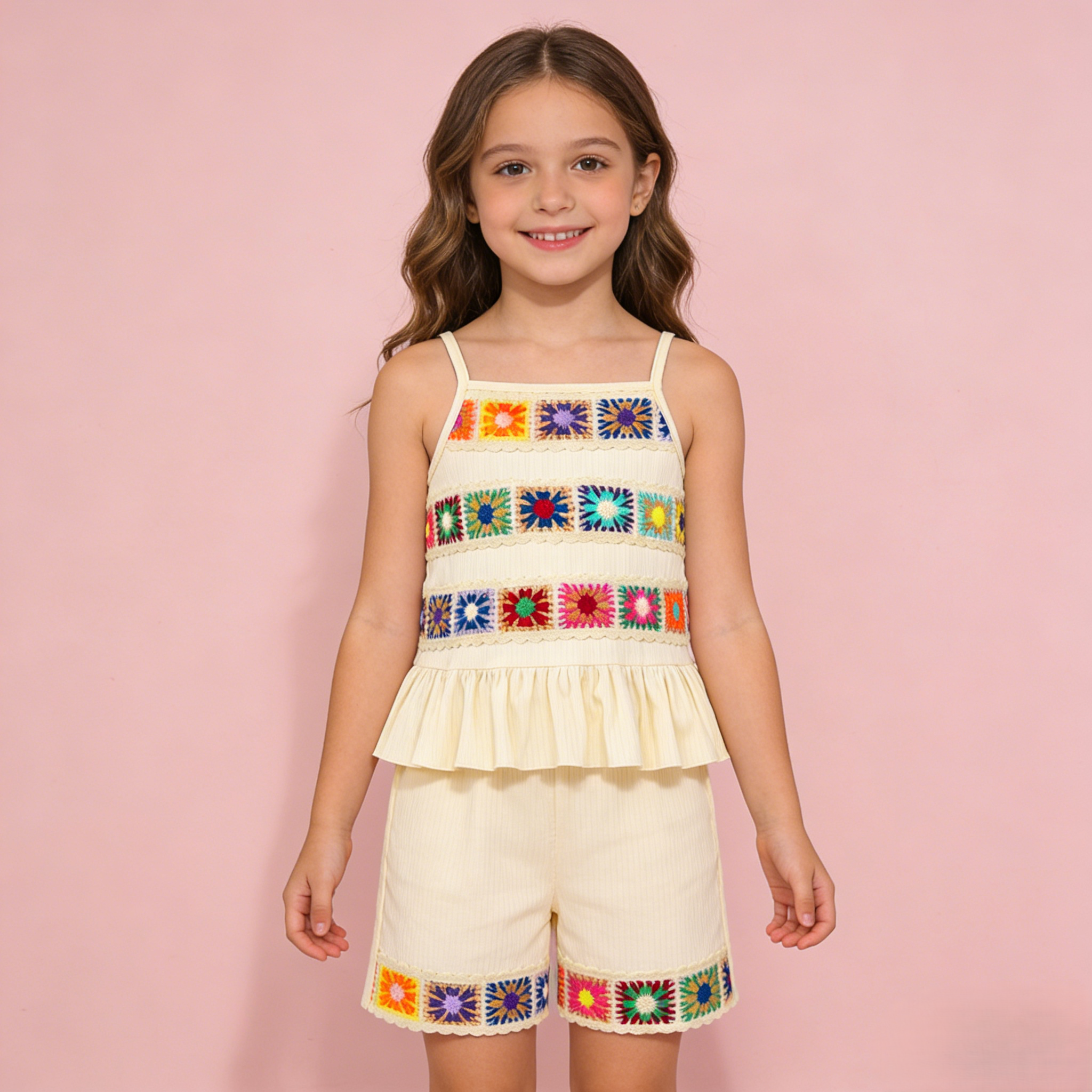 (In Production)Girls Spring&Summer Ethnic Style Embroidery Shorts Set