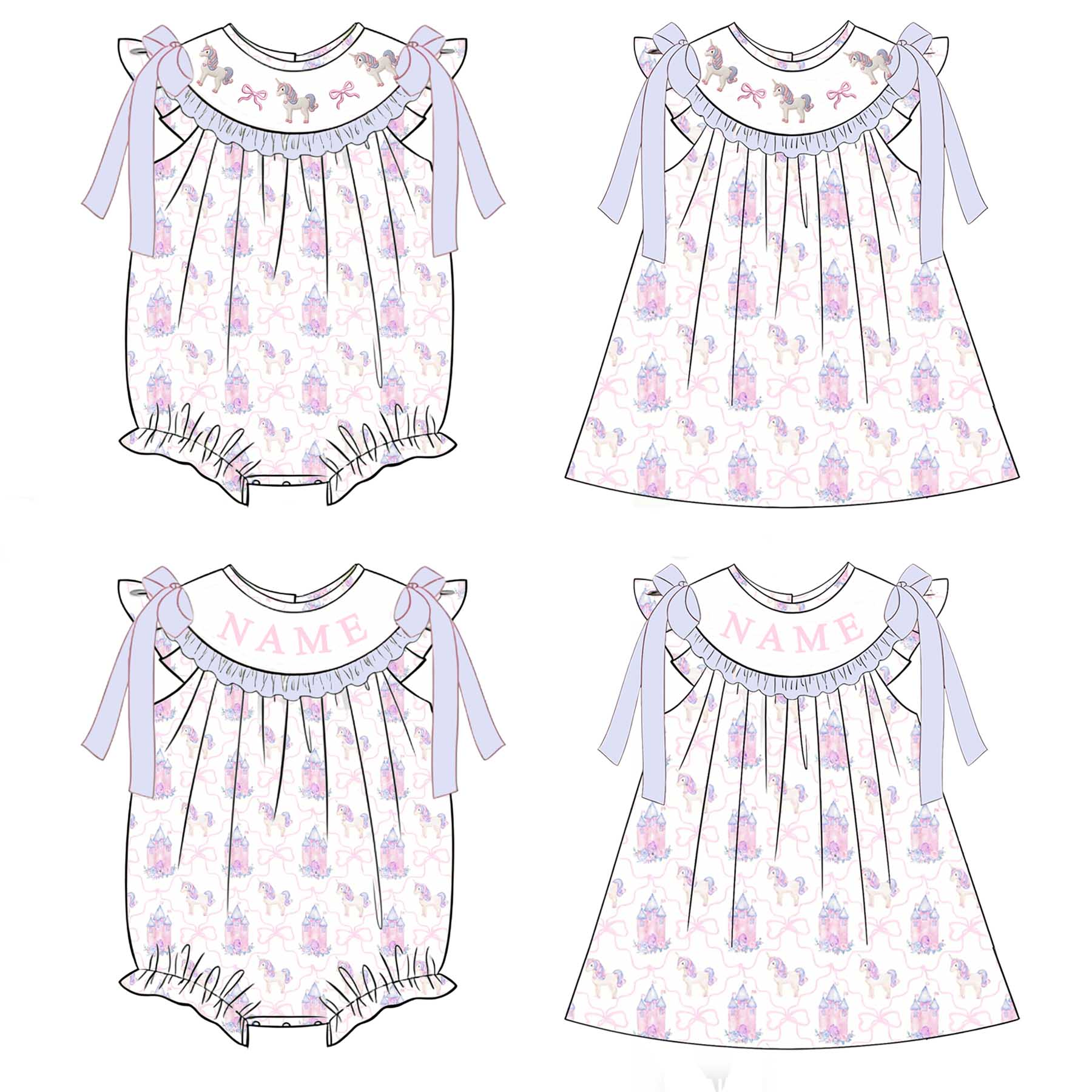 (Pre Order)Sisters Summer Unicorn Embroidery Smocked Dress&Romper-Customized Name