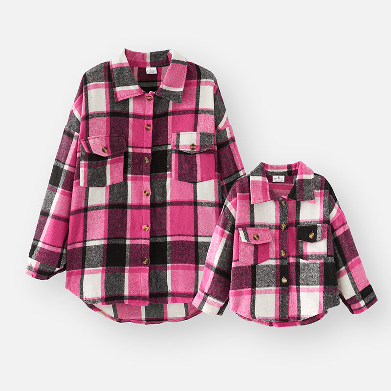 (In Stock L19-2-1 L18-1-2)Mommy and Me Fall Hot Pink Plaid Shirt