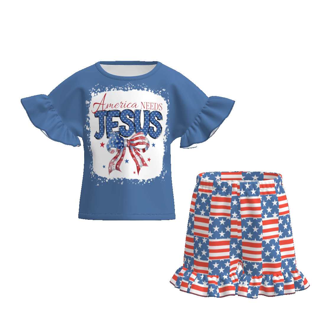 (Pre Order)Girls Patriotic Print Shorts Set