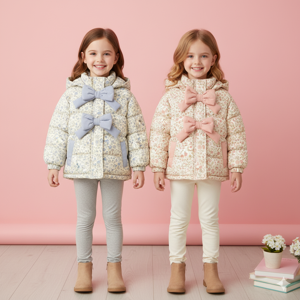 (Pre Order)Adorable Floral Winter Coats with Oversized Bows for Little Girls
