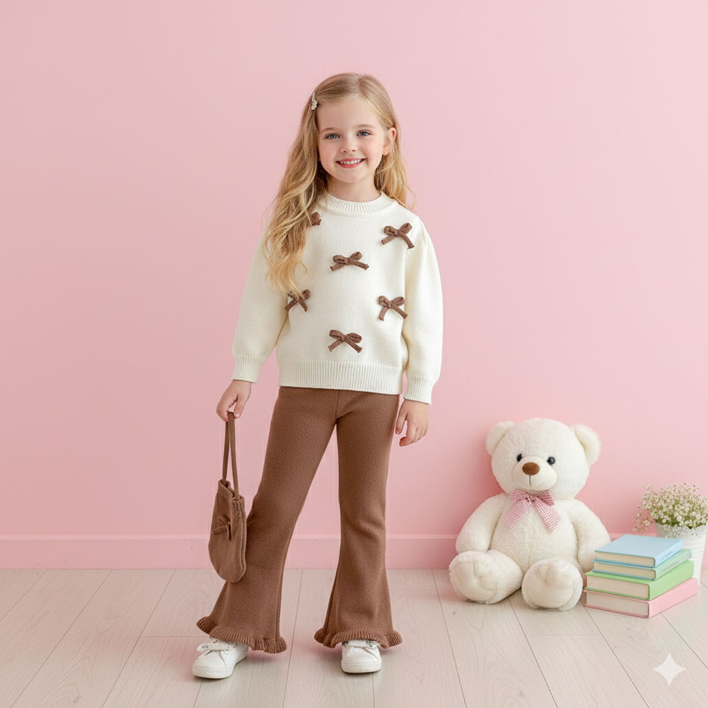 (In Production+Prepack Zone)Girls Fall&Winter White Bow Sweater Khaki Pants with Bag 3 PCS