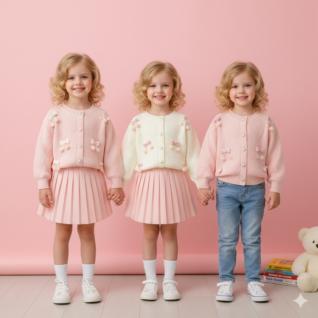 (In Production)Girls Fall&Winter Cherry Sweater Cardigan Skirt Set