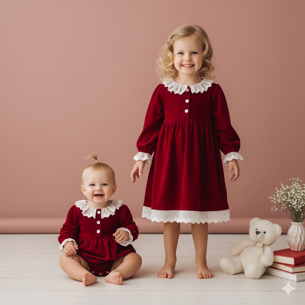 (In Production)Sisters Christmas Red Velvet Ruffle Dress&Romper