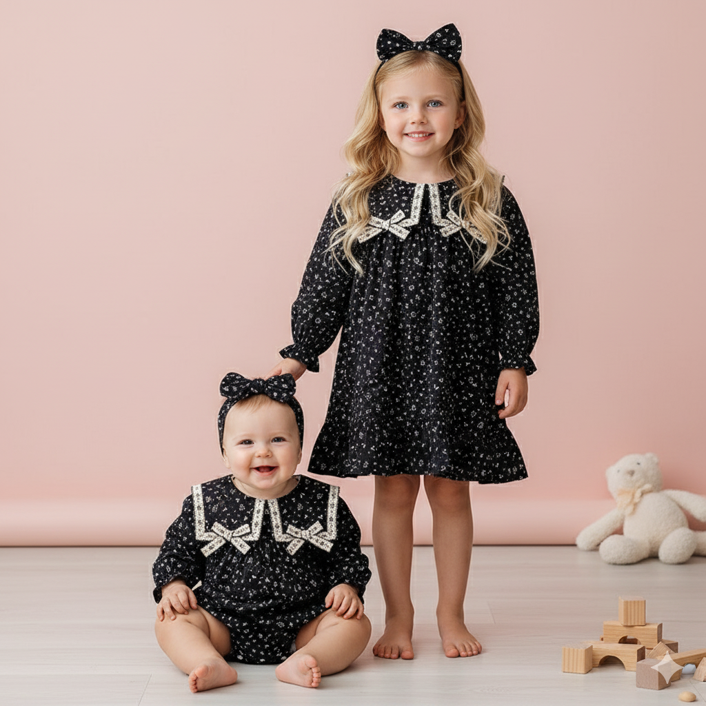 (In Production)Sisters Fall&Winter Floral Print Dress,Romper