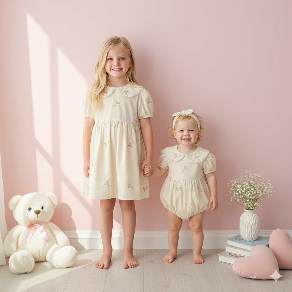 (In Production)Sisters Spring&Summer Floral Embroidery Doll Collar Dress&Romper