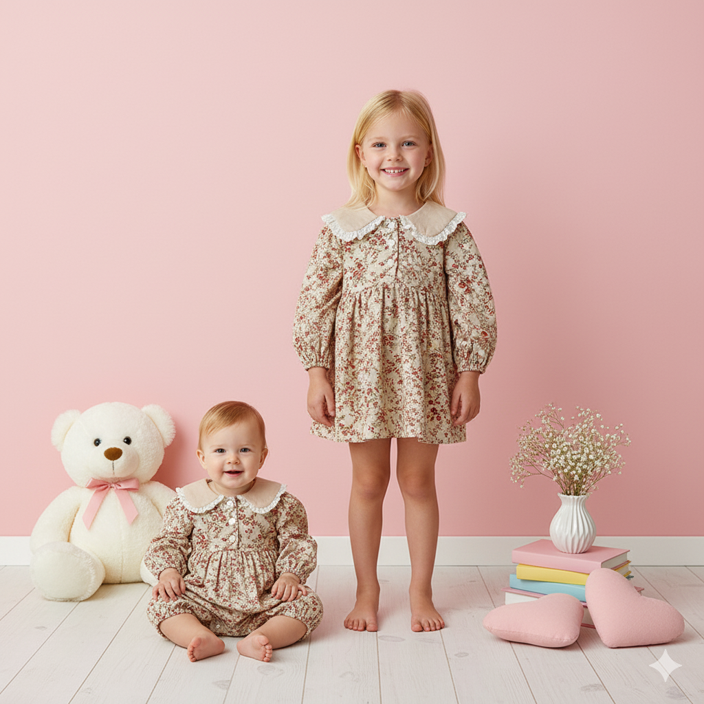 (In Production)Sisters Fall Floral Print Doll Collar Dress&Romper