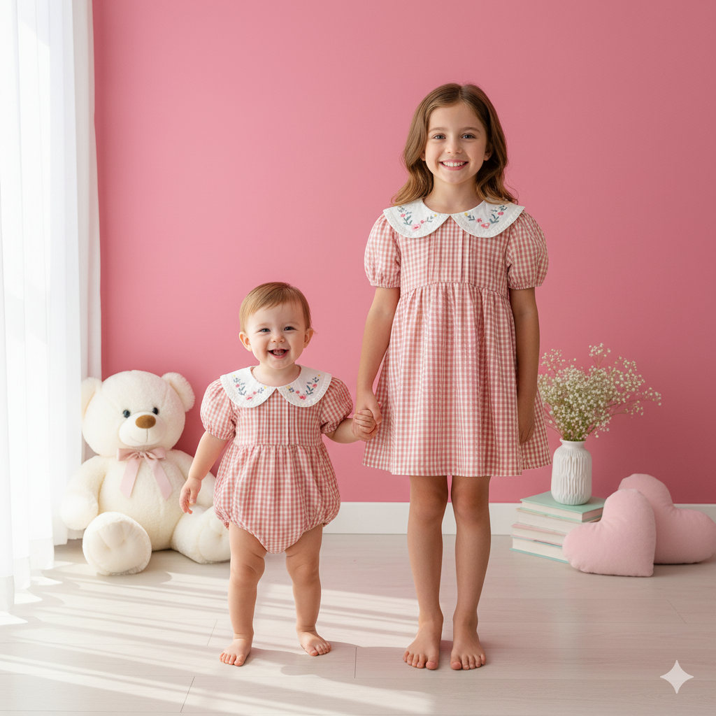 (In Production)Sisters Spring Floral Embroidery Doll Collar Dress&Romper