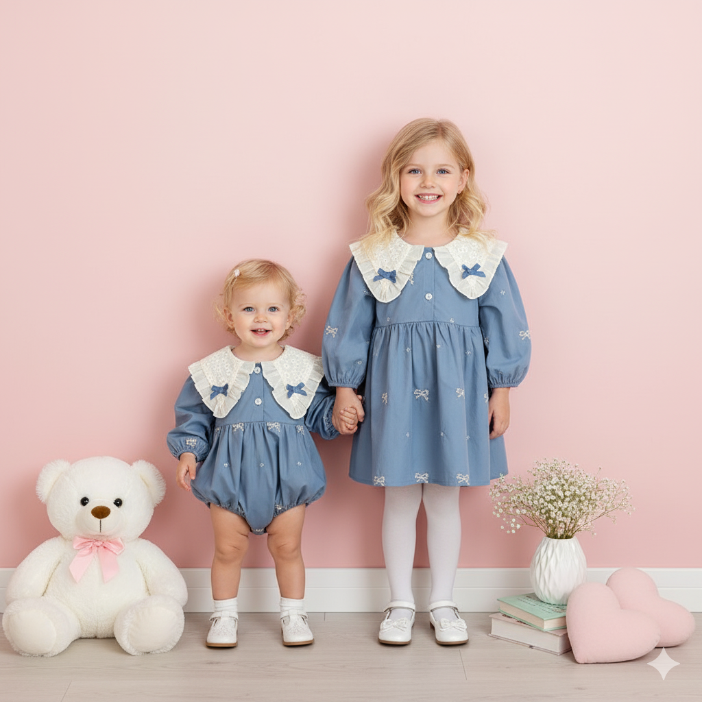 (In Production)Sisters Spring&Summer Bow Embroidery Doll Collar Dress&Romper