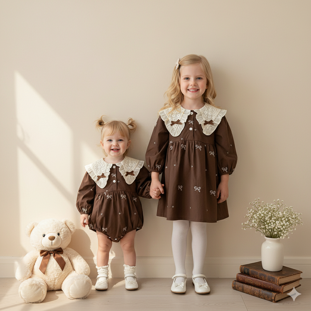 (In Production)Sisters Spring&Summer Bow Embroidery Doll Collar Dress&Romper