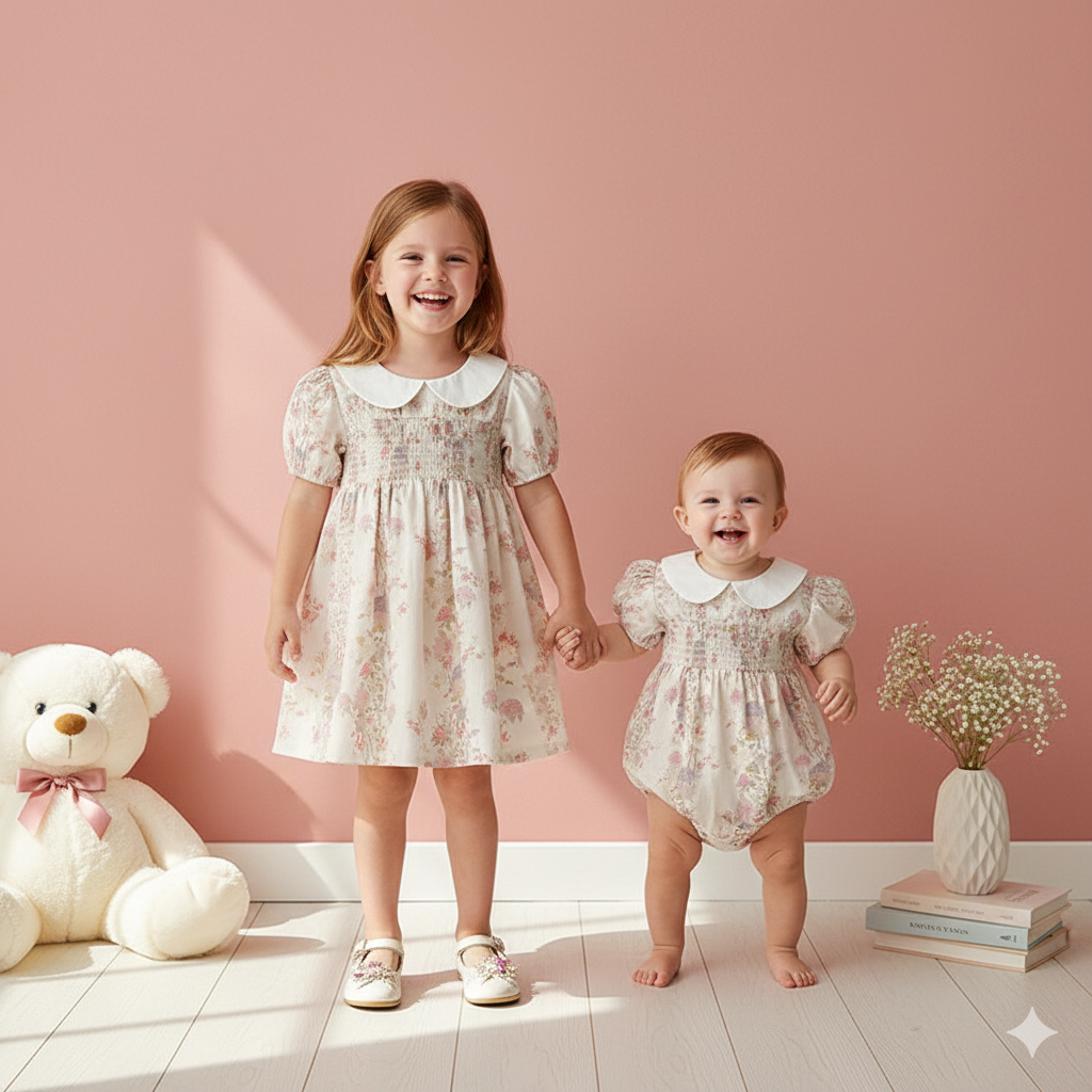 (In Production)Sisters Spring&Summer Floral Print Doll Collar Smocked Dress,Romper