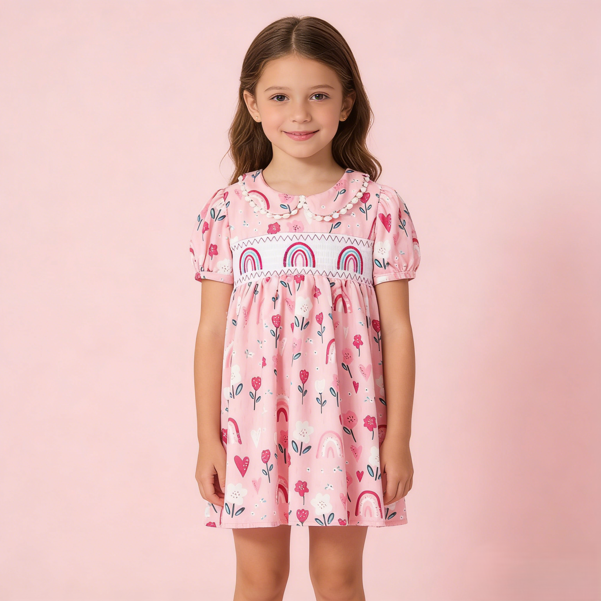 (In Stock)Girls Spring and Summer Rainbow Embroidery Smocked Dress